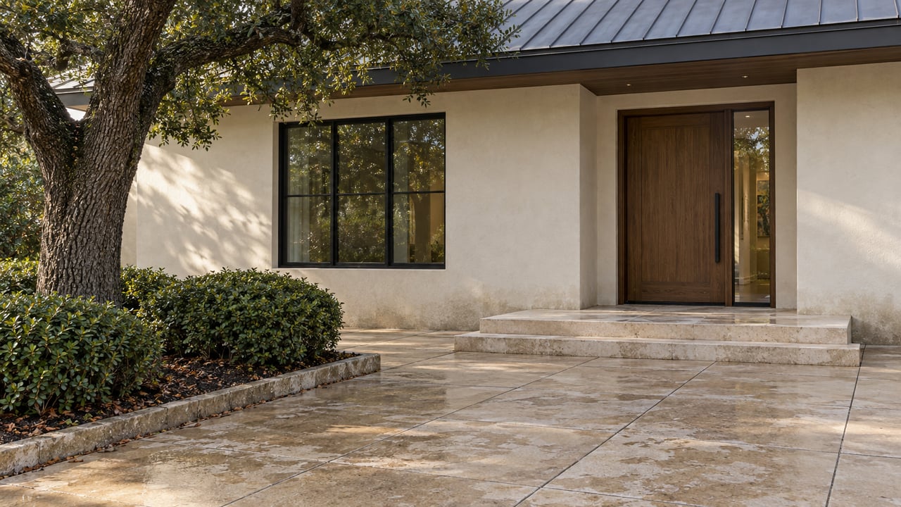 Cream stucco estate entry with oak door, limestone steps, damp pavers, and an oak tree.