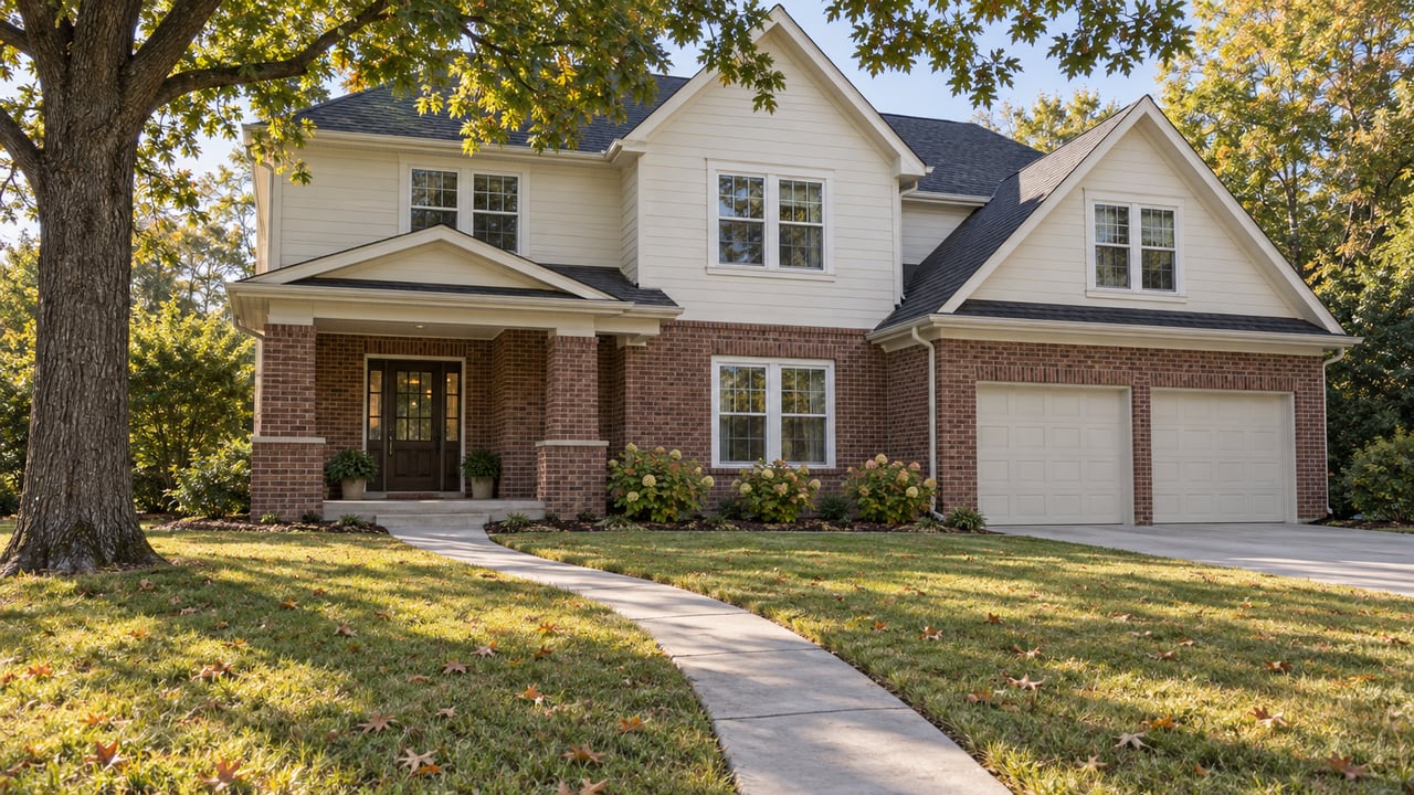 Two-story brick-and-ivory house with a recessed double garage, curved walk, broad lawn, and oak canopy.