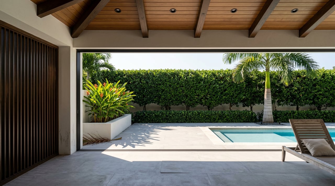 Covered terrace with timber beams and slatted screen opening onto a geometric pool, palm, and orange-red heliconias.