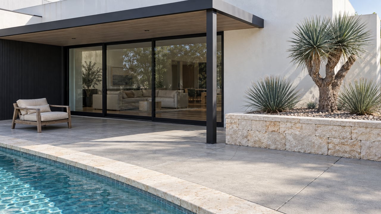 Contemporary white stucco home with closed black-framed glass doors, a shaded concrete patio, limestone pool coping and sculptural drought-adapted planting.