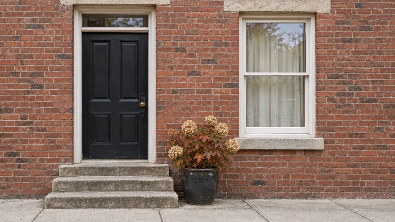 Black paneled door and white sash window in a weathered brick facade above limestone steps, beside a potted oakleaf hydrangea.