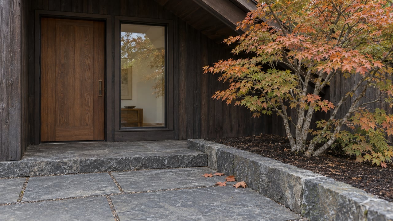 Sheltered dark cedar home entry with a closed wood door, basalt steps, and a copper-leaved vine maple.