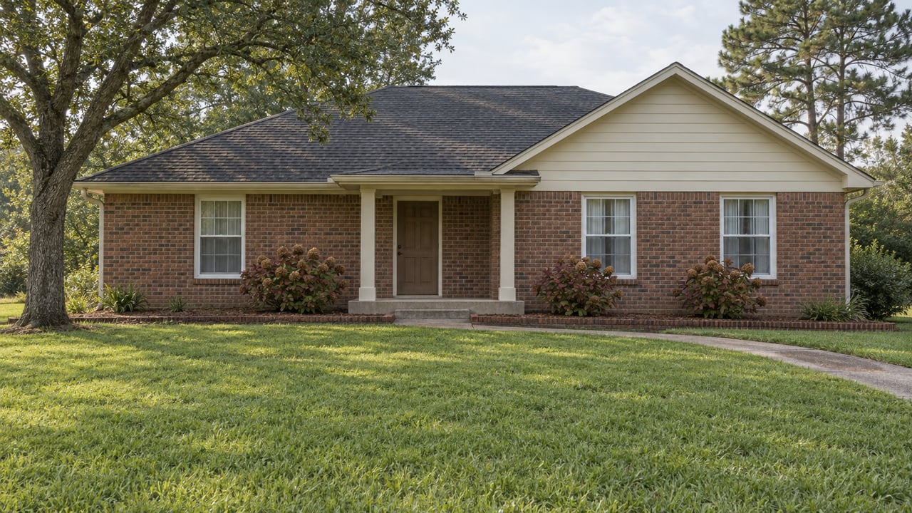 A modest brick house with an ivory gable, covered front porch and deep green lawn beneath mature trees.