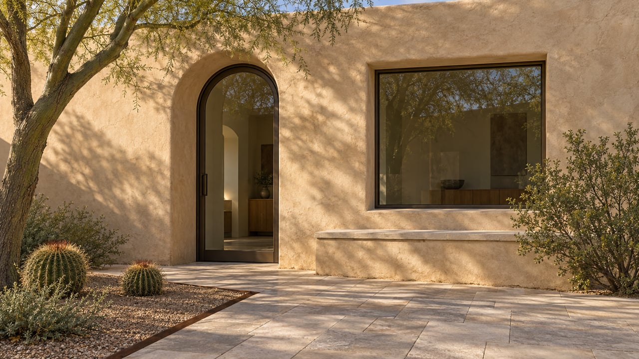 Sand-colored courtyard wall with arched glass door, bronze-framed window, stone pavers, and desert plants.
