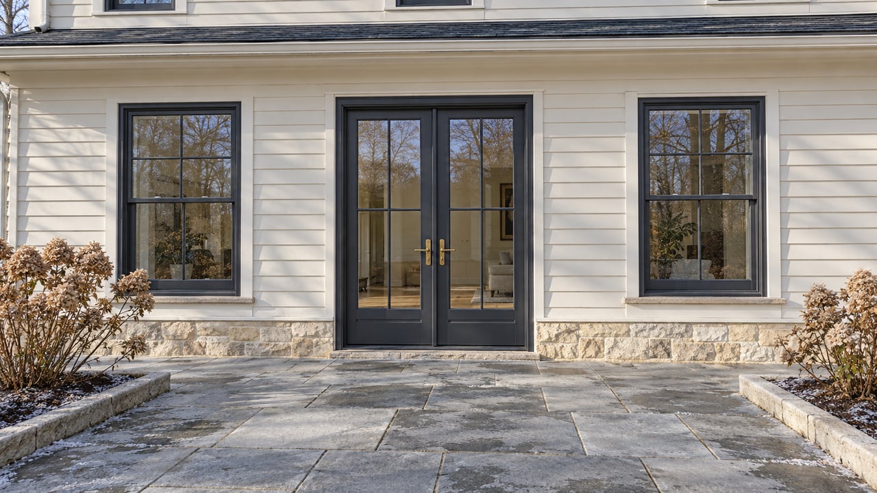 Ivory clapboard home with closed glazed double doors, matching windows and a limestone terrace edged by dormant panicle hydrangeas.