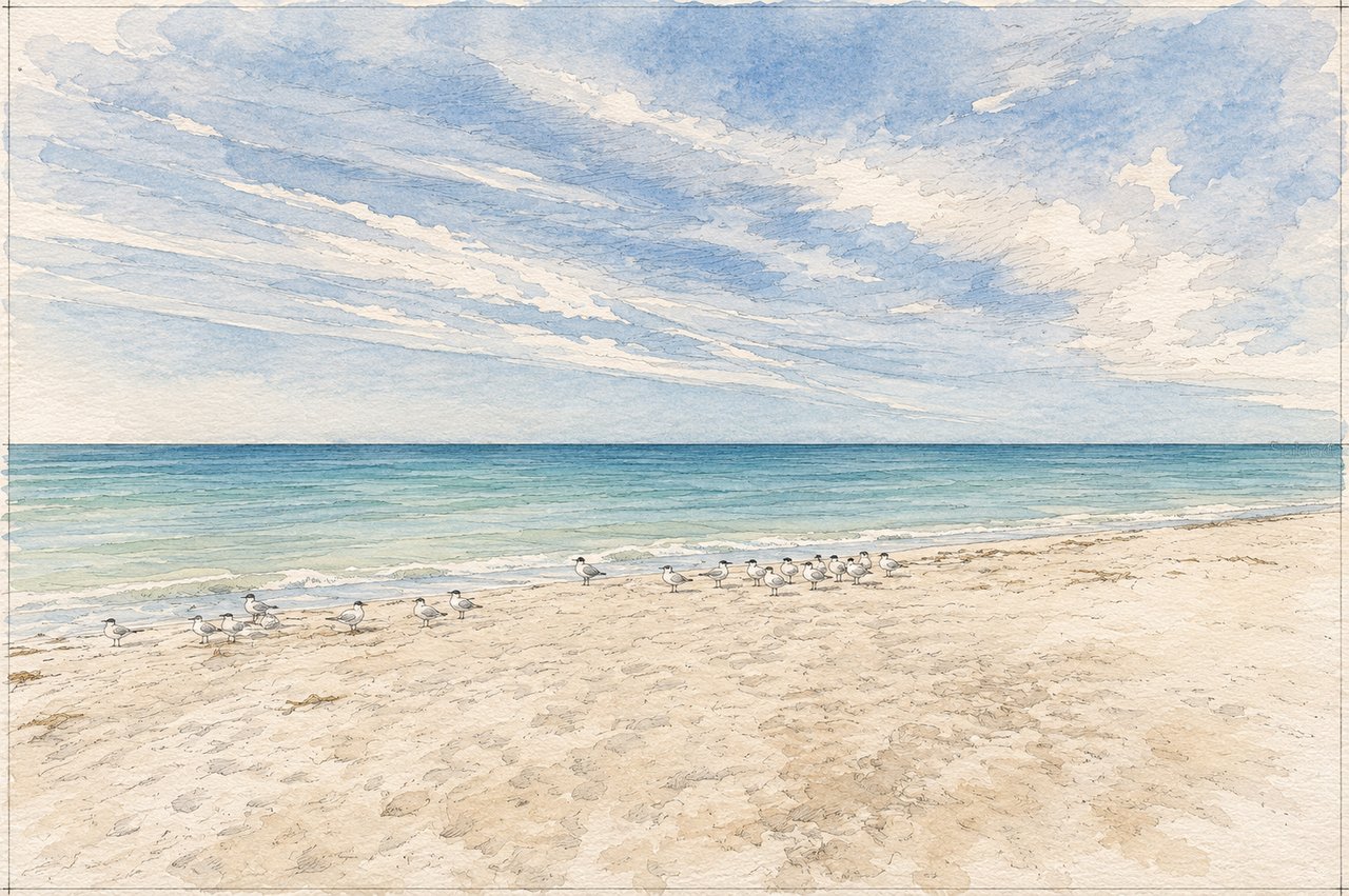 Watercolor beach with seabirds along the shore beneath a broad, cloud-filled sky.