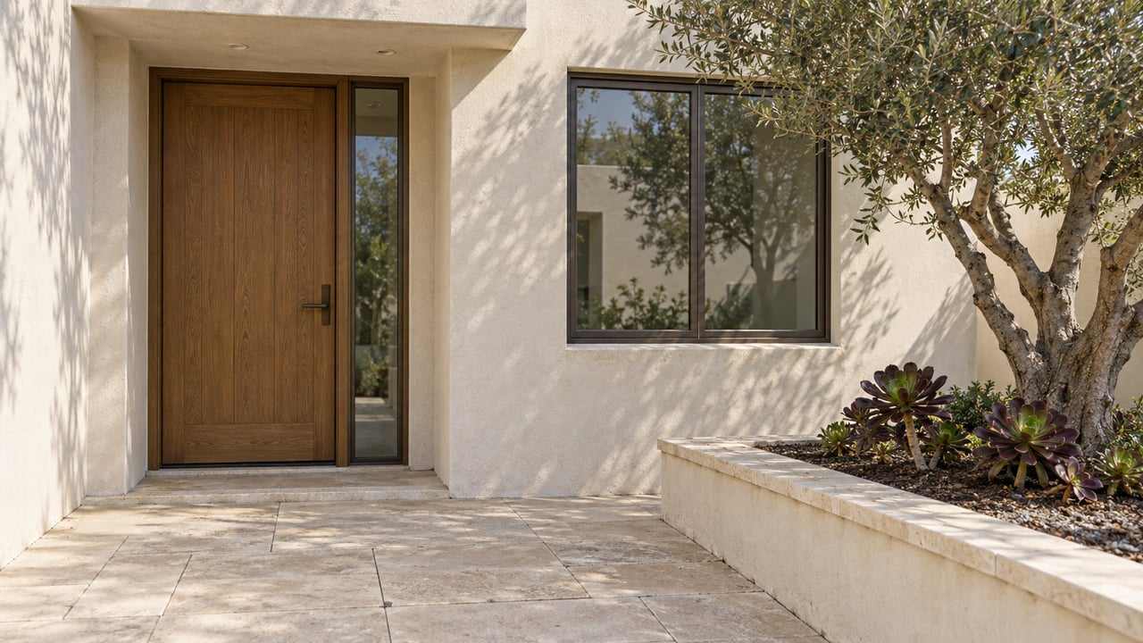 Ivory stucco home entry with an oak door, bronze-framed window, limestone approach and a raised olive planting bed.