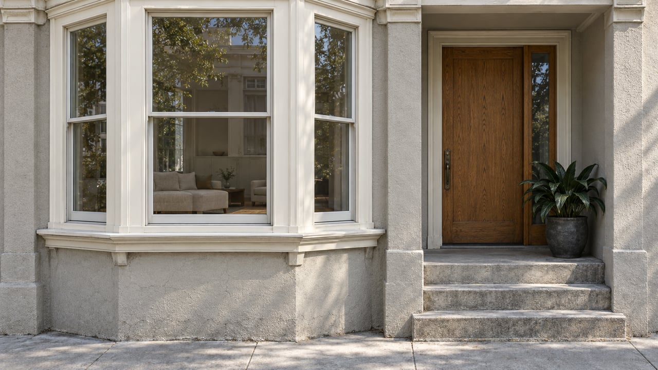 Painted timber bay windows and textured gray stucco beside a recessed oak entrance with worn concrete steps.