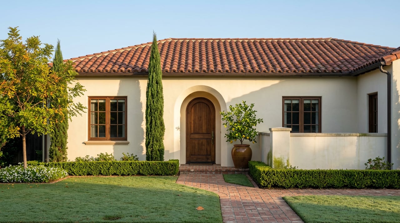 Spanish-style stucco home with a red tile roof, arched wood entry, cypress trees, and a paver path across the lawn.