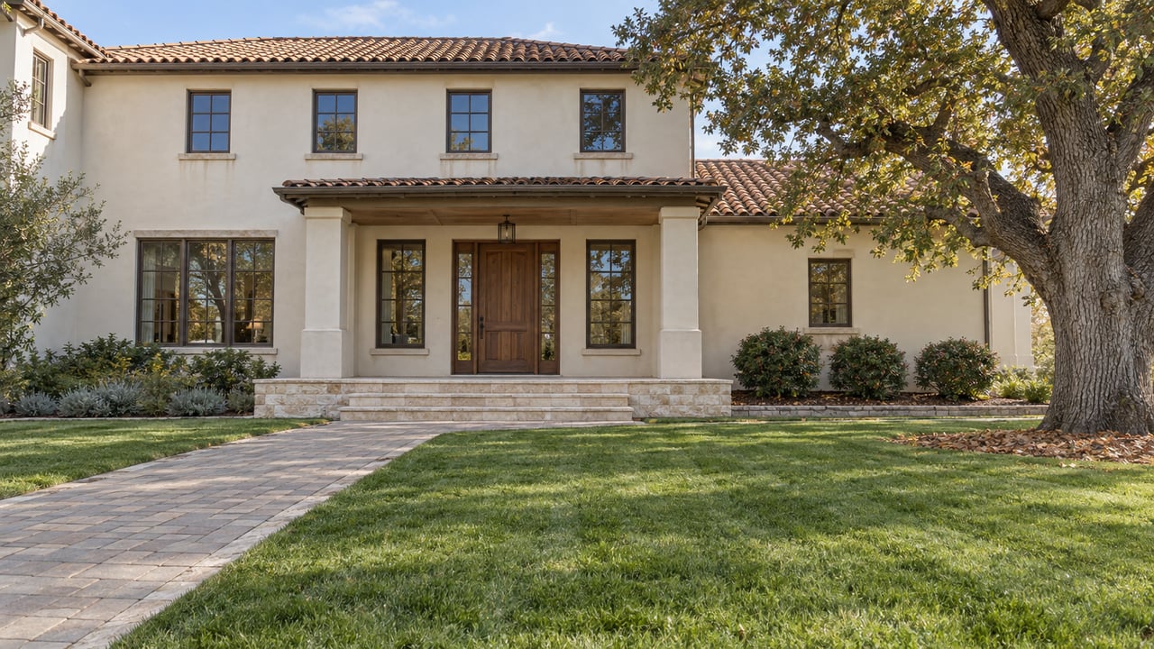 A substantial ivory stucco home beyond a deep lawn and stone-edged approach, with a mature oak shading one side.
