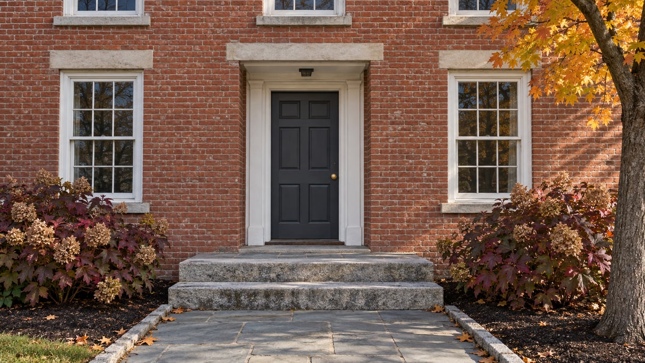 Brick house entrance with a charcoal door, white multi-pane windows, granite steps, and autumn planting.
