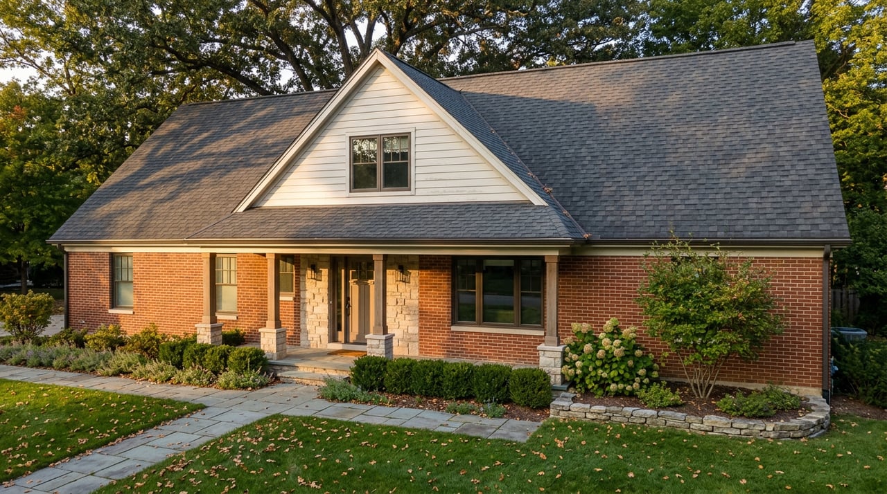Two-story brick and stone home with a columned porch, broad lawn, and mature oak casting long shadows.
