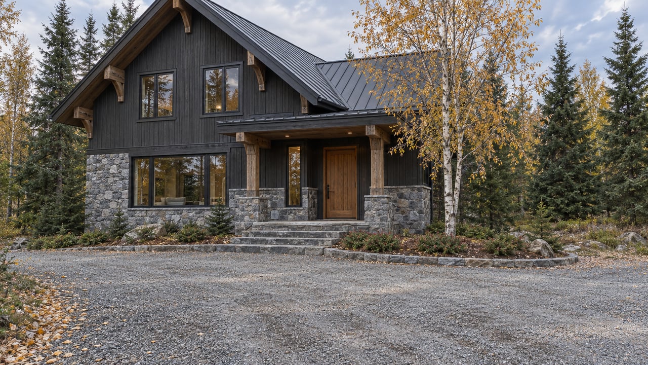 Charcoal-sided home with a steep metal roof, stone entry steps and warm timber trim, viewed across a gravel court beside autumn birch and spruce trees.