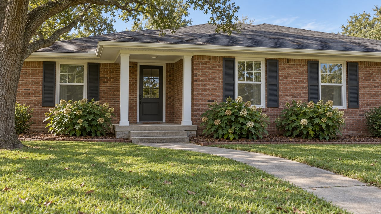 Single-story red brick home with a broad lawn, concrete entry walk, white porch columns, and a mature spreading oak.
