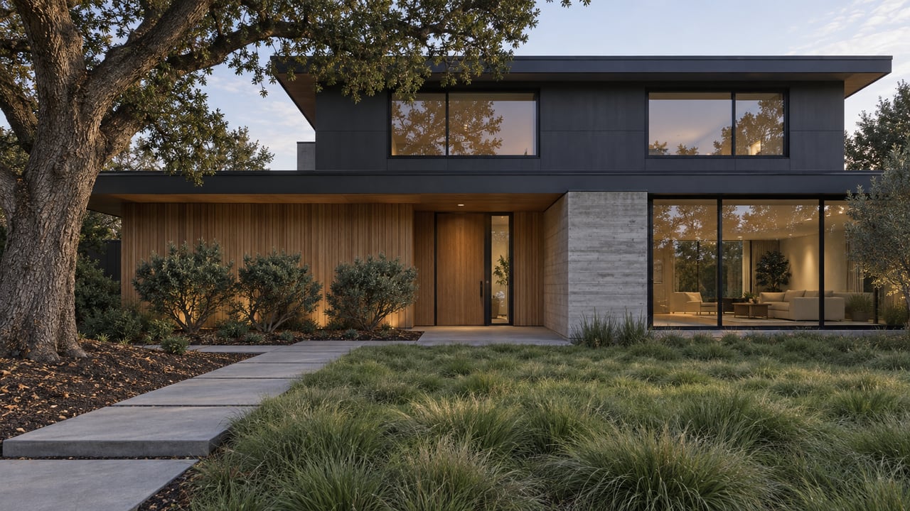 Contemporary wood-and-charcoal home behind a deep sedge lawn and mature oak, with a concrete approach and expansive black-framed windows.