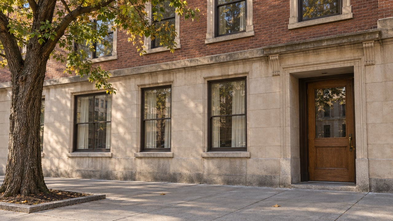 Warm afternoon light on a limestone and brick apartment facade, with a recessed oak entrance and a mature elm beside the sidewalk.