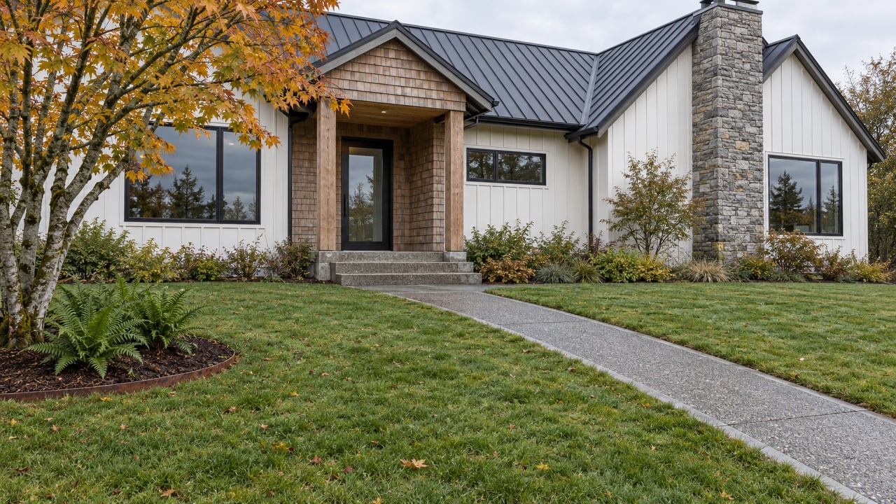 Updated home with cedar shingles, white board-and-batten siding and a stone chimney above a deep autumn lawn and curved concrete approach.