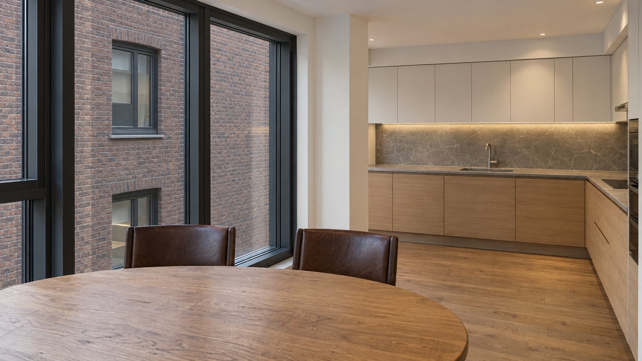 An oak dining table and two leather chairs beside tall dark-framed windows, with a pale oak kitchen beyond.