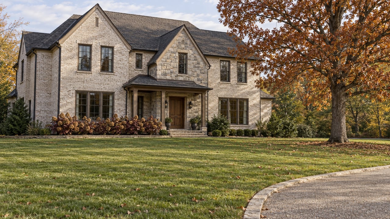 Limewashed brick home with a limestone entry, deep autumn lawn, curved aggregate driveway, and mature white oak.