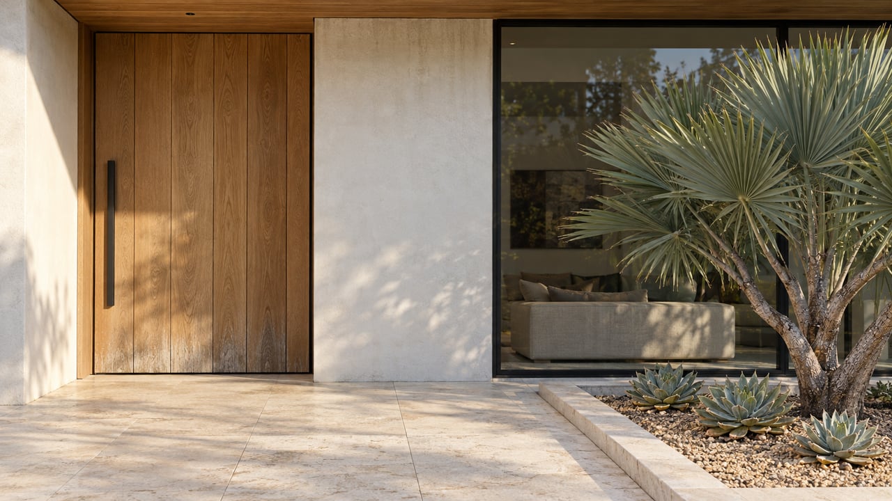 Contemporary home's oak entrance and black-framed window above a pale limestone terrace with sculptural drought-tolerant planting.