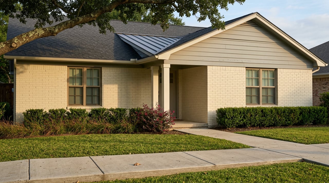 Single-story cream brick home with gray gable siding, white entry columns, and an oak branch overhead.