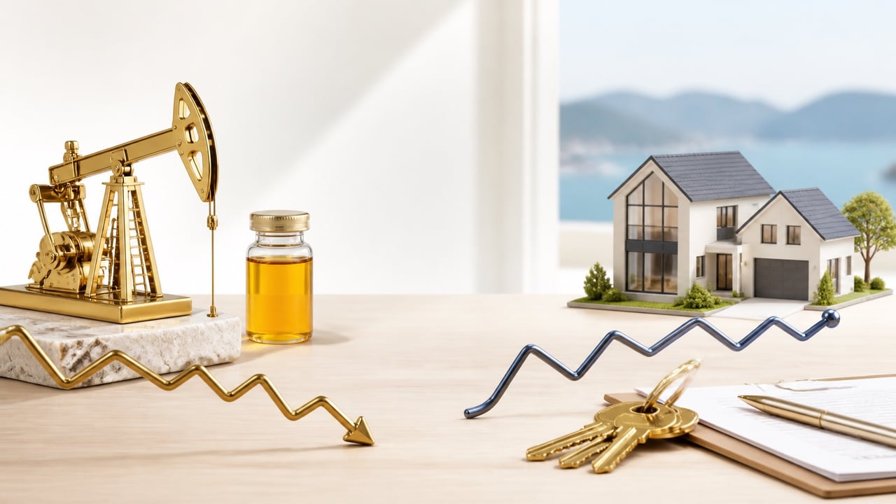 Oil pumpjack, falling energy trend and Bay Area home with rising borrowing costs