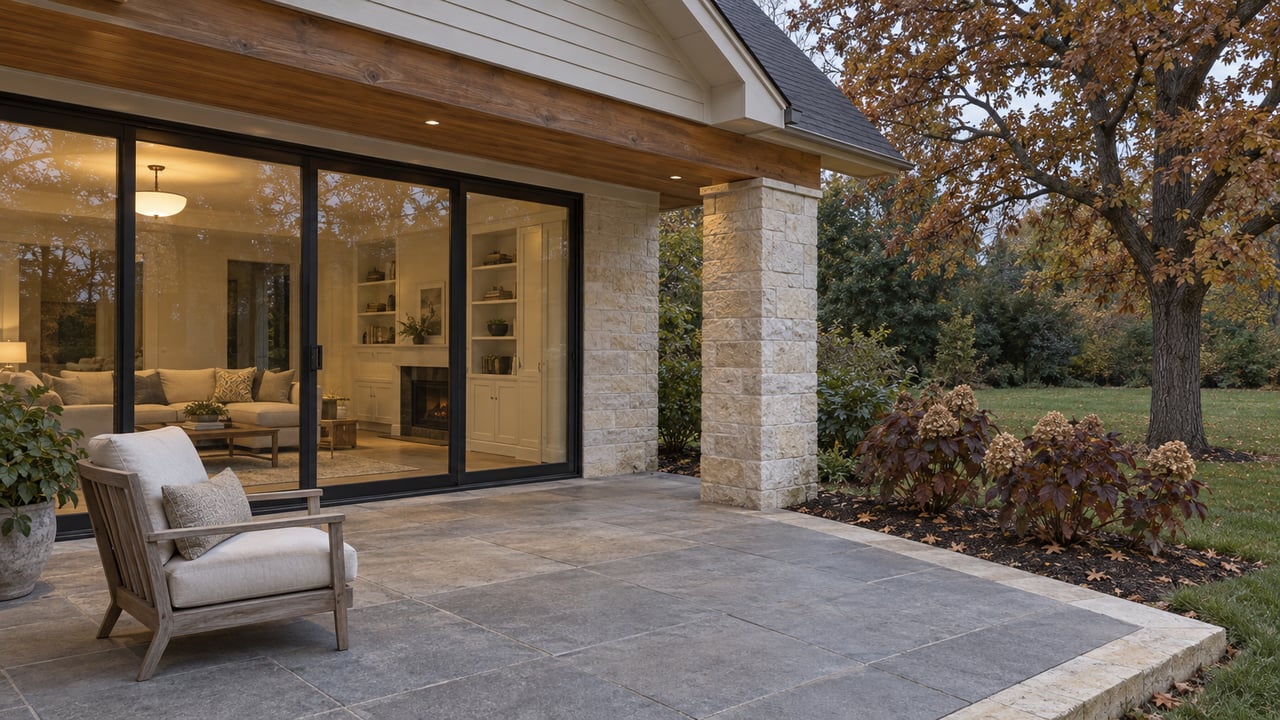 Early-evening terrace with limestone, cedar, dark-framed glass and autumn oakleaf hydrangeas beside an upscale gabled home.
