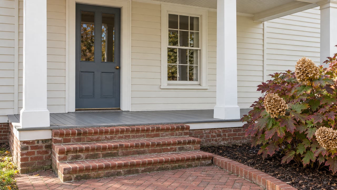 Cream clapboard home with a slate-blue door, covered timber porch, red-brick steps and oakleaf hydrangea.