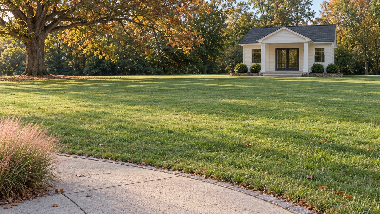 An open green lawn leads to a white pavilion beneath a broad oak tree.