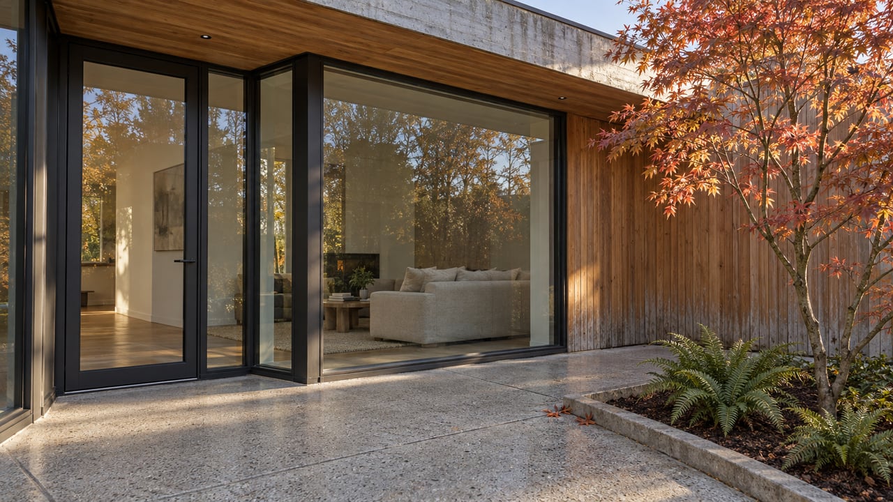 Cedar and concrete home with a glazed living-room corner beside a copper-leaved vine maple and ferns.