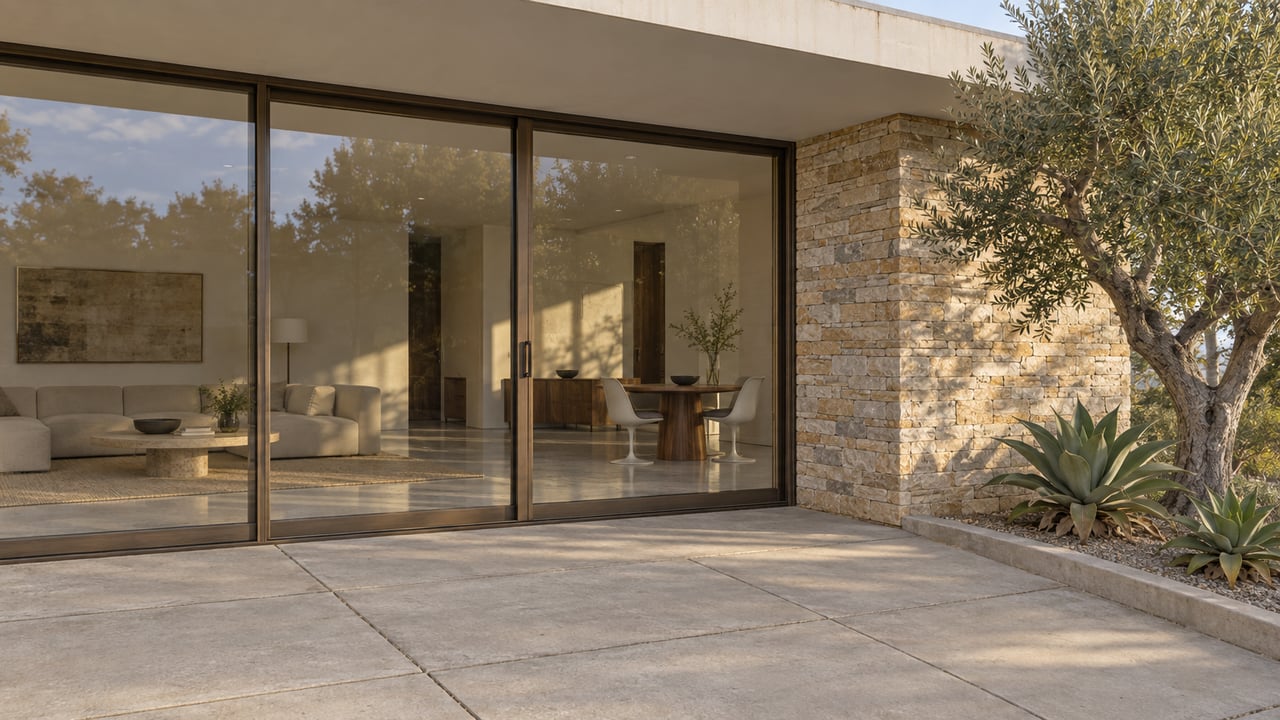 Modern home with expansive glass doors, a stone wall, and an olive tree beside the concrete patio.