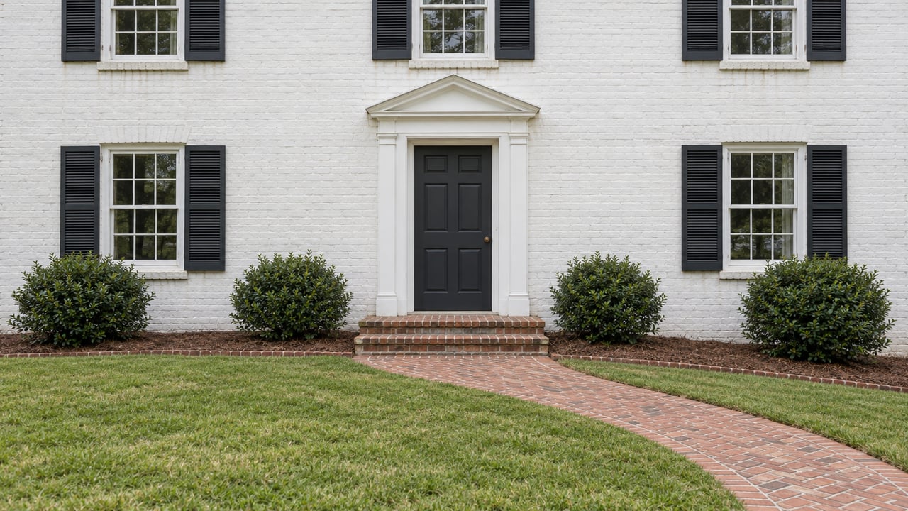 White-painted brick home with dark shutters, a classical doorway, worn brick steps and a curved walk through a sloping lawn.