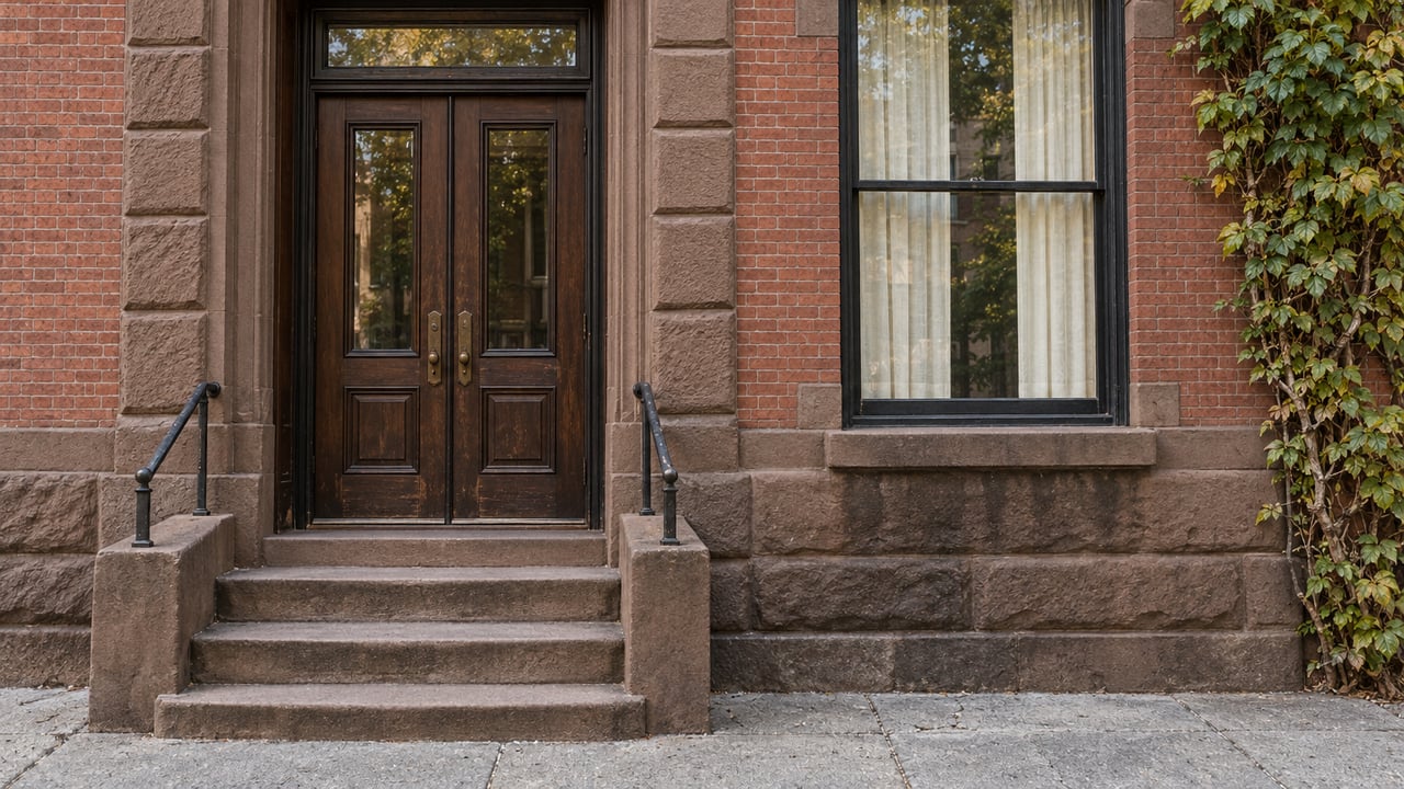 Weathered brownstone steps lead to walnut double doors beside a tall townhouse window, with climbing hydrangea against red brick.