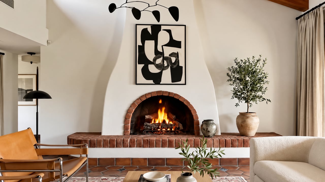 Living room with a lit arched brick fireplace, abstract artwork, and terracotta tile floor.