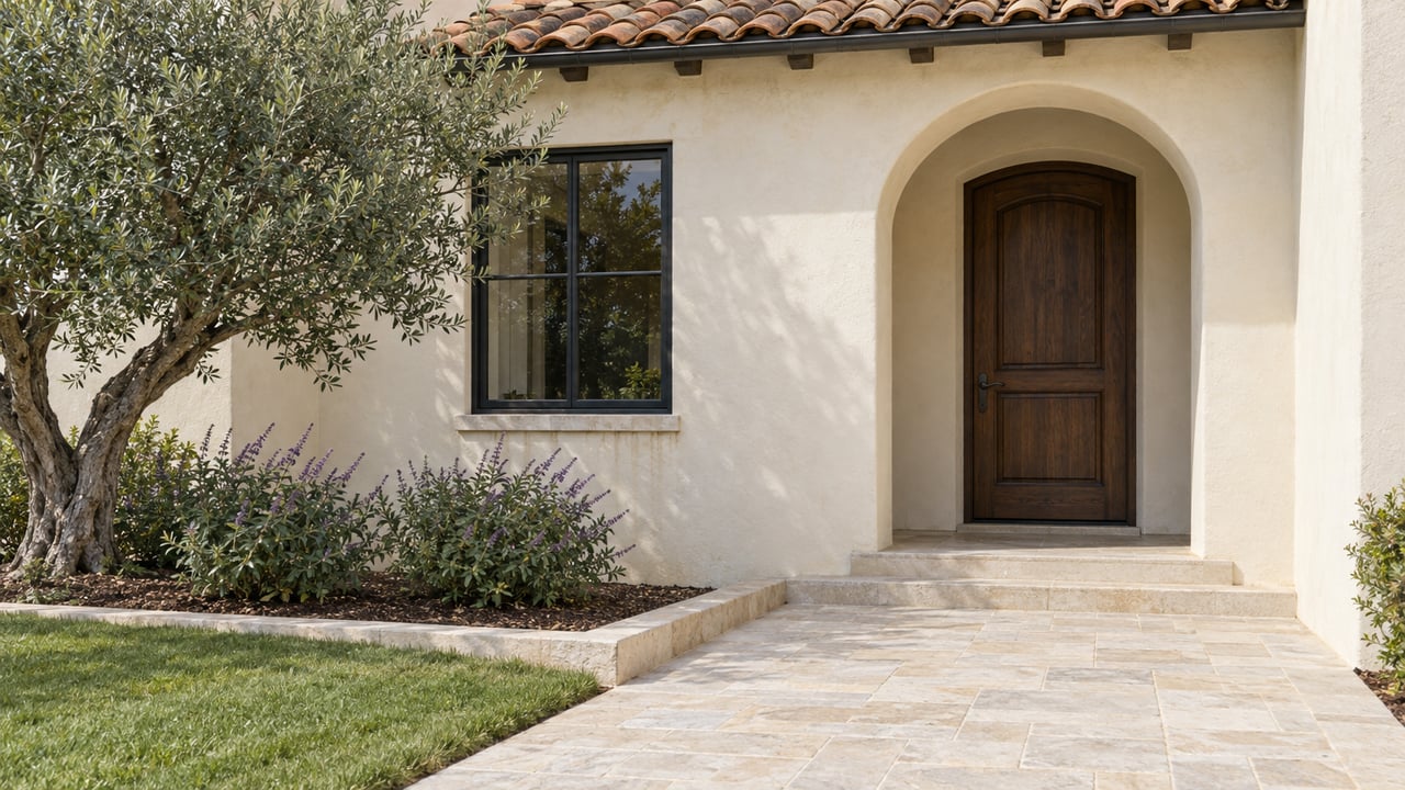 Ivory stucco house with an arched timber entry, black-framed window, limestone approach, olive tree, and lawn.