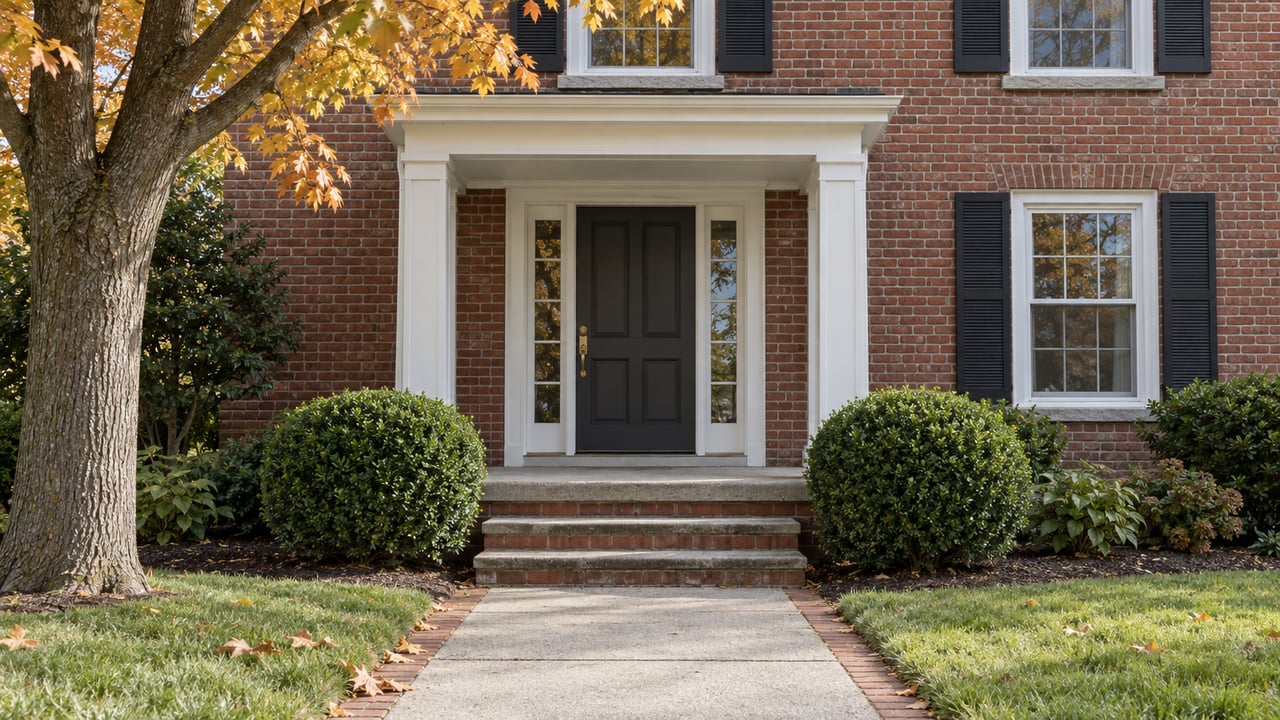 Traditional brick home entrance with white porch trim, dark door, edged concrete walk and a golden maple branch.