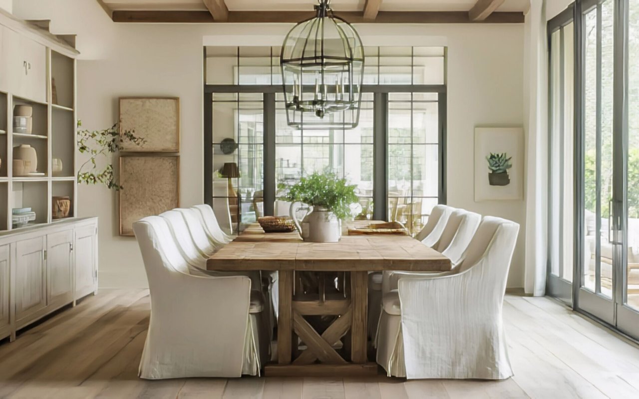 Bright dining room with a rustic wood table, white chairs, and a large glass pendant light.