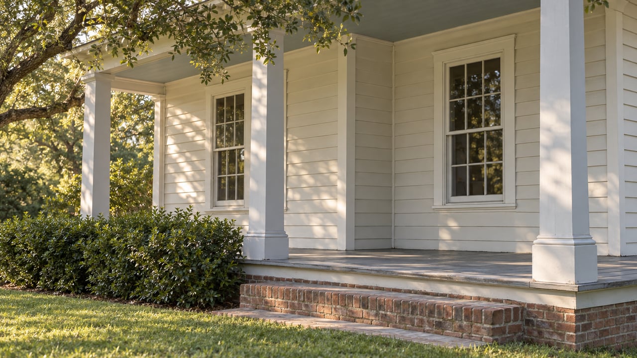 Off-white clapboard house with a raised porch, brick steps, two sash windows, and oak branches overhead.