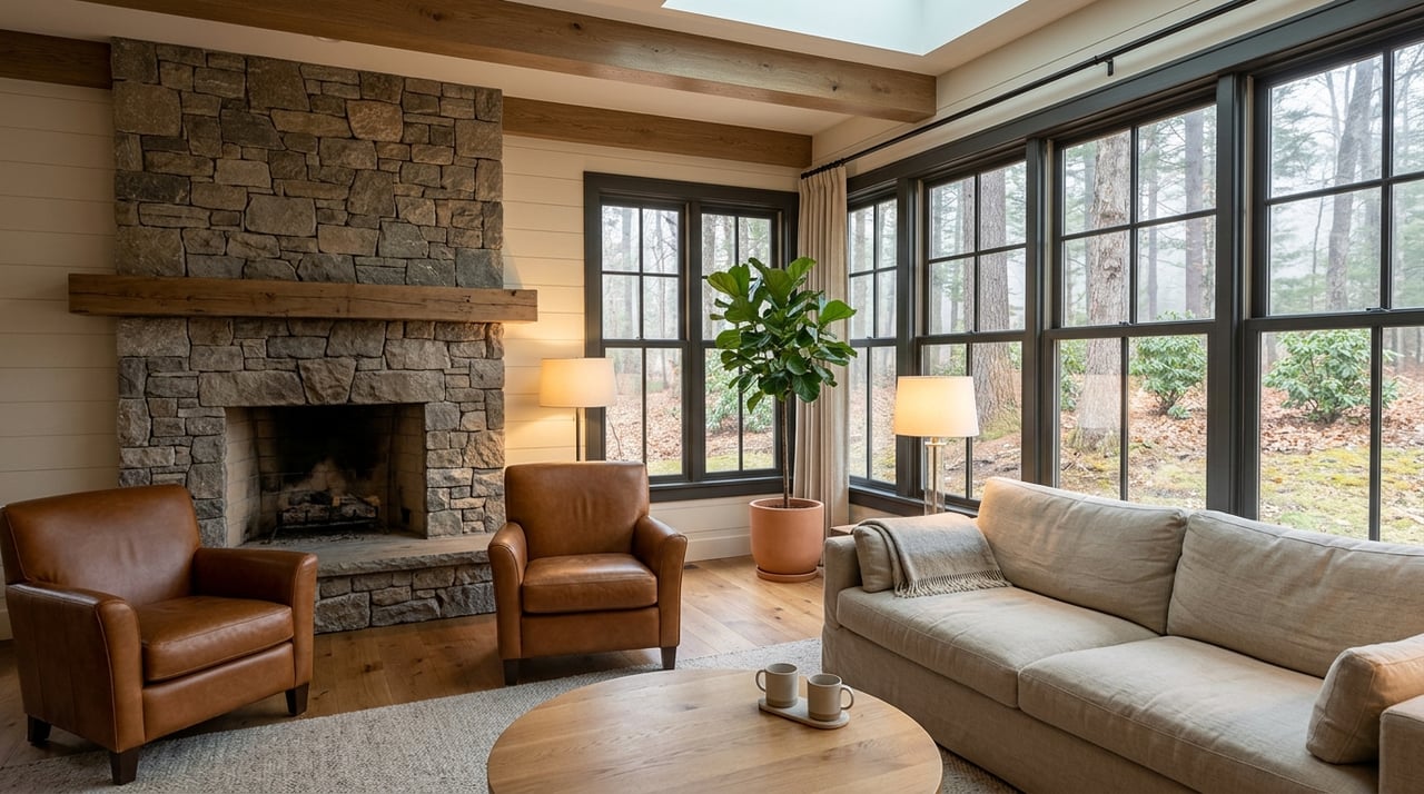 Mountain living room with a stone fireplace, leather chairs, and broad windows overlooking trees.