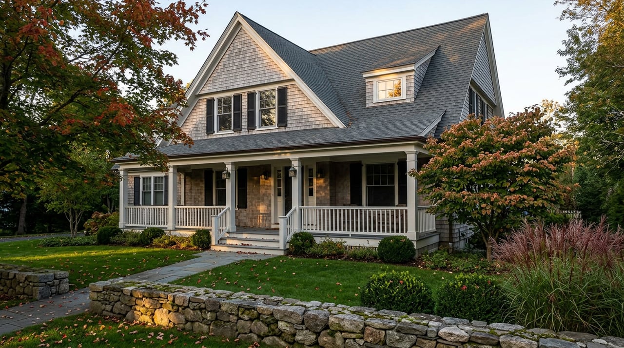 Shingle-style house with wraparound porch, steep gables, fieldstone wall, and turning autumn trees.