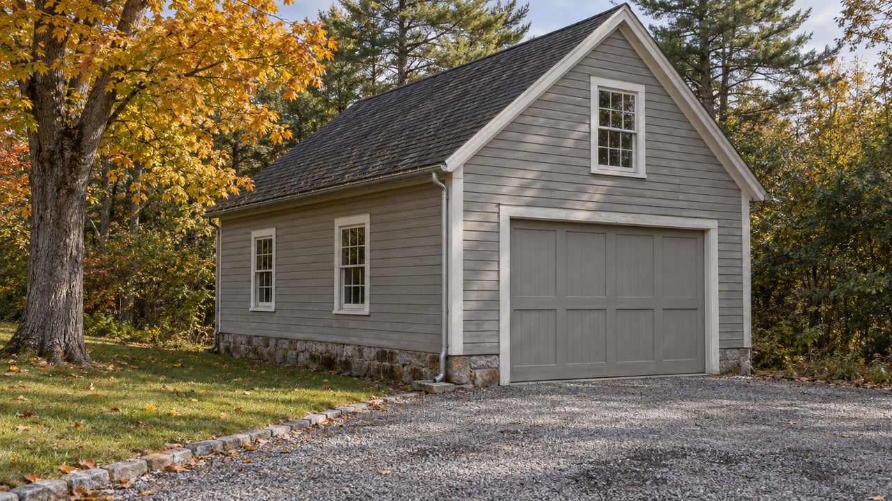 Weathered gray clapboard garage with a granite foundation, gravel approach and amber maple canopy.