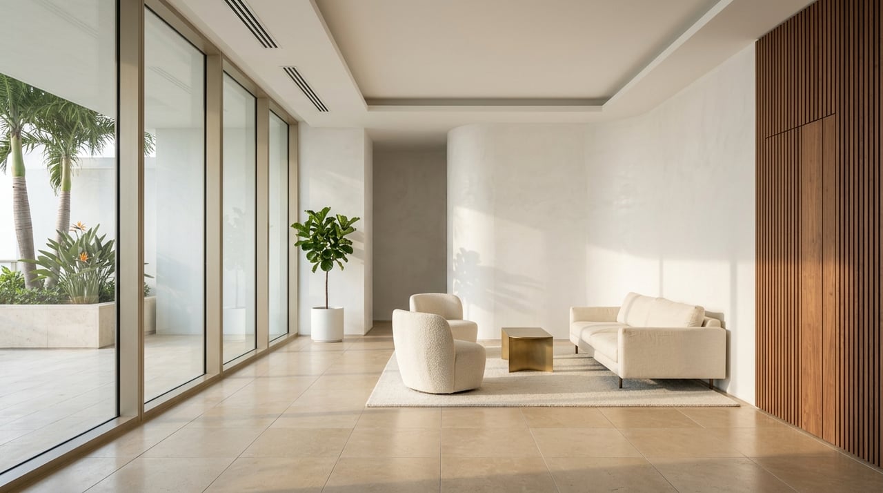 Condo lobby with honed limestone, a walnut slat wall, tropical plants, and full-height windows opening onto a terrace.