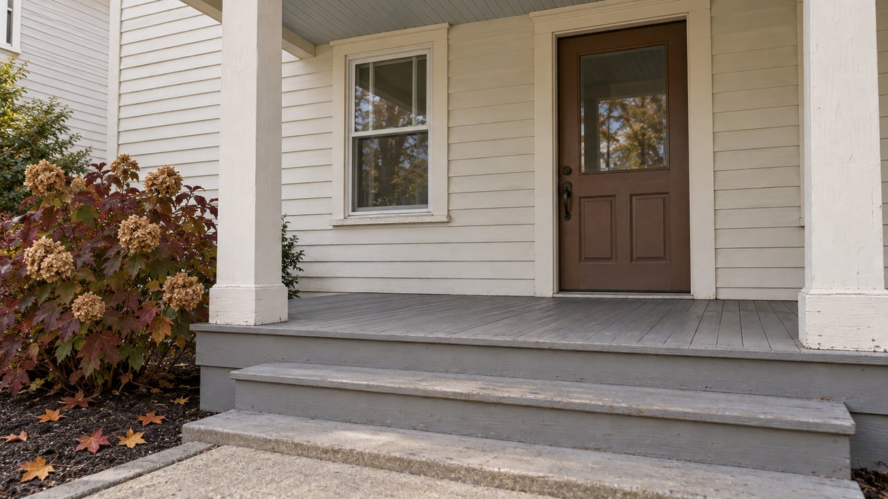Off-white wood-sided home with a covered gray porch, brown glazed front door and burgundy oakleaf hydrangea beside the steps.