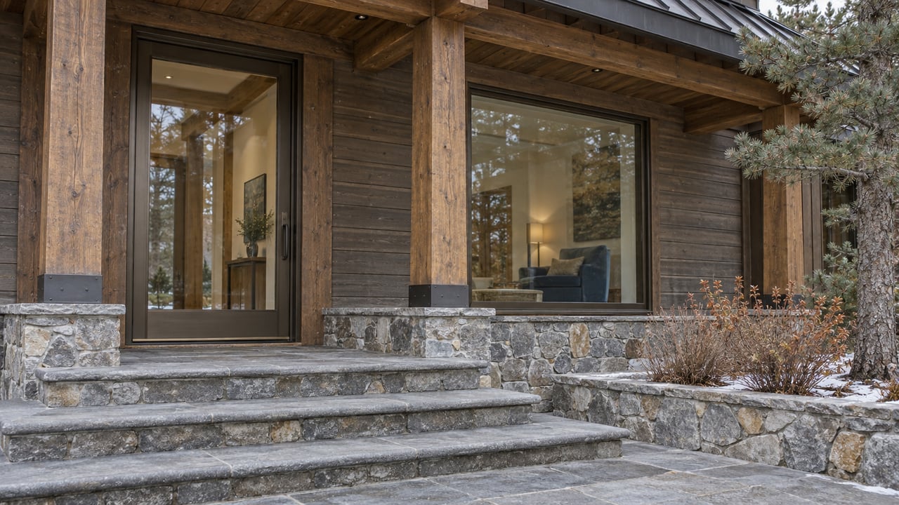 Sheltered timber and stone home entry with bronze-framed glass, worn stone steps and traces of snow beside dormant shrubs.