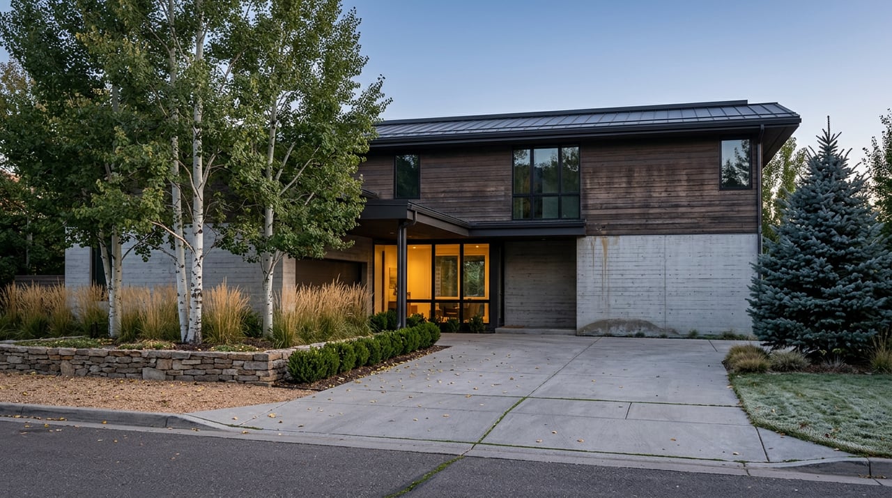 Two-story home with gray stone and dark wood cladding, glowing windows, and aspens beside a gravel-planted motor court.