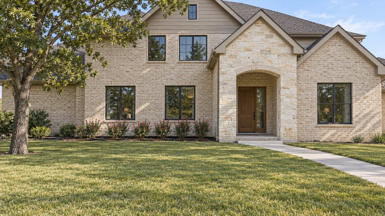 Ivory brick and cream limestone home with intersecting gables, a broad lawn and a recessed oak entry in afternoon light.
