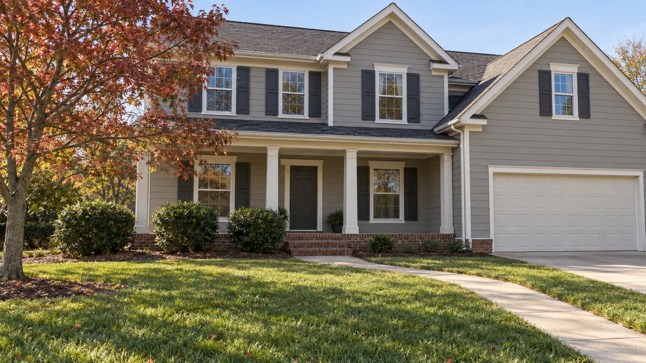 Gray two-story house with white trim, brick porch steps, a broad front lawn and an autumn dogwood.