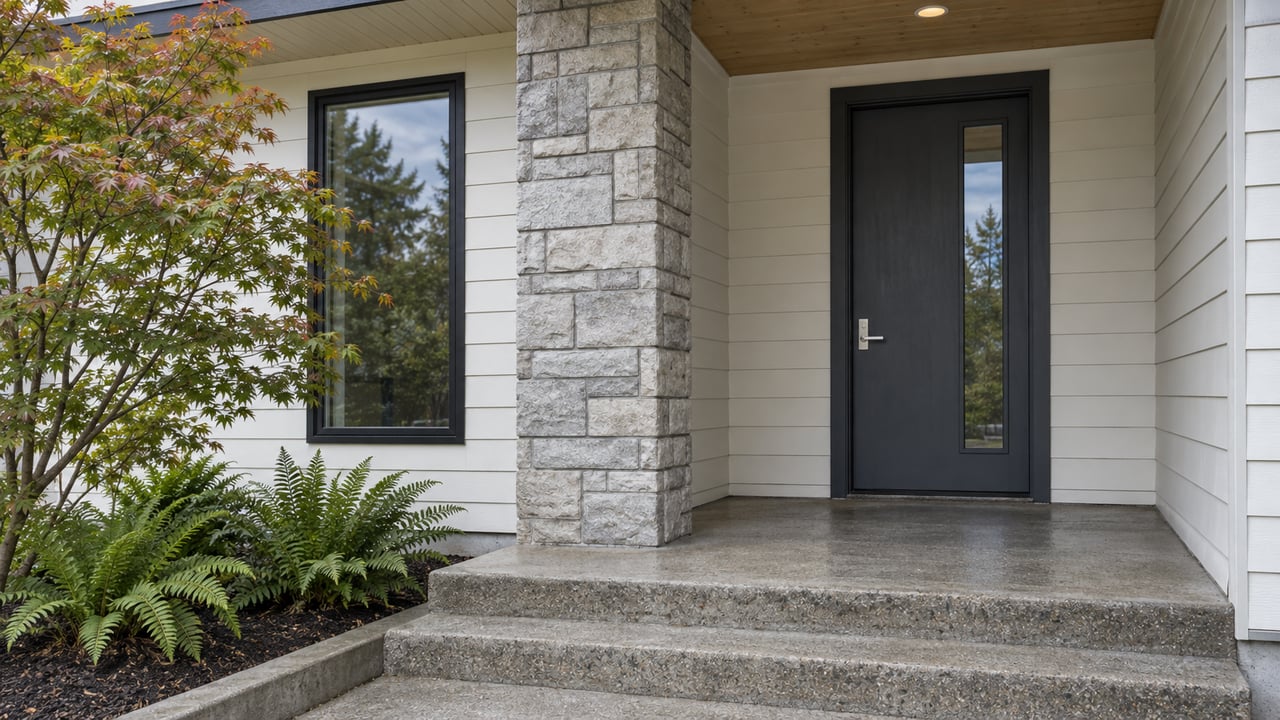 Close view of a covered home entry with pale stone, white siding, black-framed glazing and concrete steps beside a vine maple and sword ferns.