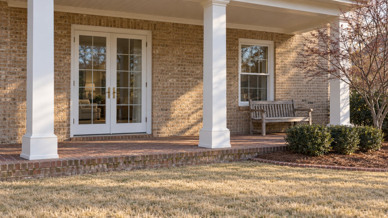 Winter afternoon light on a brick home's covered rear porch, white columns, closed French doors and dormant lawn.