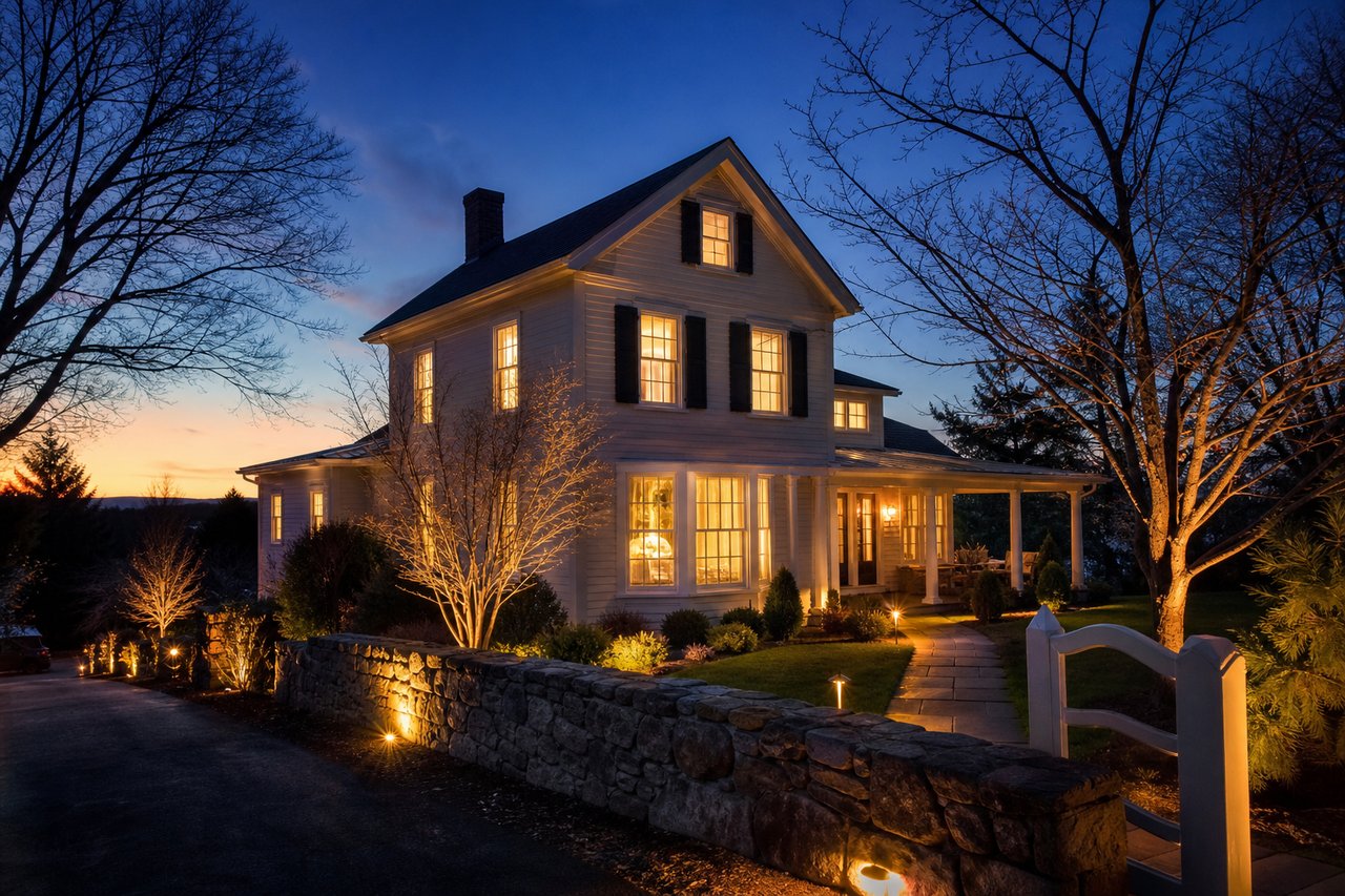 Two-story home glowing at dusk, with a covered porch, stone wall, and illuminated garden path.